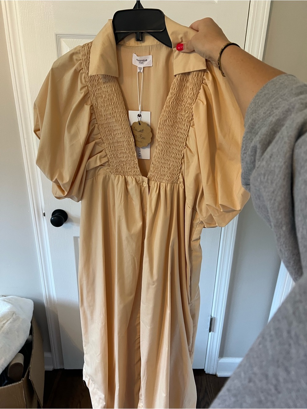 Annie Beige Smocked V-Neck Maxi Dress